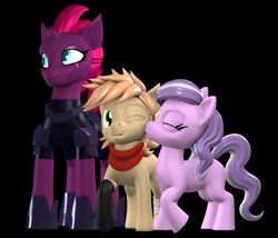 Size: 3500x3000 | Tagged: safe, artist:argos90, imported from derpibooru, diamond tiara, tempest shadow, oc, oc:himmel, earth pony, pony, unicorn, 3d, broken horn, cheek kiss, colt, female, filly, high res, horn, kiss on the cheek, kissing, male, mare