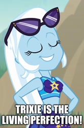 Size: 675x1024 | Tagged: safe, imported from derpibooru, trixie, equestria girls, equestria girls series, forgotten friendship, caption, clothes, image macro, imgflip, op is wrong, sarong, sunglasses, swimsuit, text