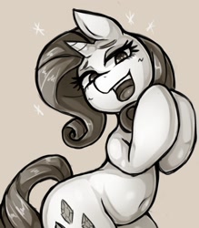 Size: 1350x1543 | Tagged: safe, artist:kyouman1010, imported from derpibooru, rarity, pony, unicorn, belly, belly button, eyeshadow, female, grayscale, makeup, mare, monochrome, open mouth, smiling, solo