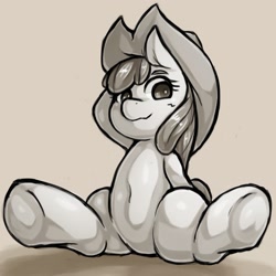 Size: 1543x1543 | Tagged: safe, artist:kyouman1010, imported from derpibooru, apple bloom, earth pony, pony, applejack's hat, belly button, cowboy hat, female, grayscale, hat, looking at you, mare, monochrome, sitting, smiling, solo, spread legs, spreading
