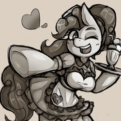 Size: 1543x1543 | Tagged: safe, artist:kyouman1010, imported from derpibooru, pinkie pie, anthro, earth pony, arm hooves, breasts, busty pinkie pie, clothes, cup, dress, female, grayscale, heart, hoof hold, monochrome, one eye closed, open mouth, platter, server pinkie pie, smiling, solo, wink