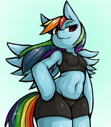 Size: 1350x1543 | Tagged: safe, artist:kyouman1010, imported from derpibooru, rainbow dash, anthro, pegasus, arm hooves, belly button, breasts, clothes, compression shorts, lidded eyes, small breasts, smiling, smirk, solo, sports bra