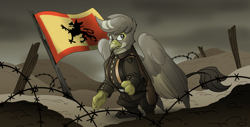 Size: 1920x976 | Tagged: safe, artist:mushroomdoggo, imported from derpibooru, oc, oc only, griffon, equestria at war, equestria at war mod, clothes, cover, fanfic, fanfic art, fanfic cover, flag, flag waving, griffon empire, griffonia at war, gun, rifle, war, weapon