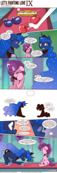 Size: 1300x3903 | Tagged: safe, artist:saturdaymorningproj, imported from derpibooru, princess luna, sugar belle, alicorn, pony, unicorn, comic:let's fighting love, boxing, boxing gloves, comic, dialogue, fight, hoof shoes, horn, magic, punch, speech bubble, sports, telekinesis