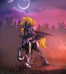 Size: 2550x2850 | Tagged: safe, artist:richmay, imported from derpibooru, oc, oc:blaze (shadowbolt), pegasus, armor, armored pony, chainmail, fire, forest, looking at you, moon, night guard, night guard armor, pegasus oc, slit eyes, wings