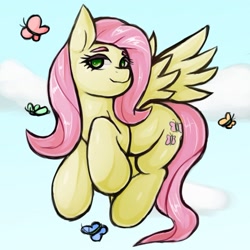 Size: 1543x1543 | Tagged: safe, artist:kyouman1010, imported from derpibooru, fluttershy, butterfly, pegasus, pony, cloud, female, flying, looking at you, mare, sky, smiling, solo