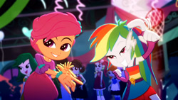 Size: 3410x1920 | Tagged: safe, imported from derpibooru, screencap, rainbow dash, scootaloo, scribble dee, eqg summertime shorts, equestria girls, raise this roof, armpits, belt, clothes, cutie mark, cutie mark on clothes, fall formal outfits, female, fingerless gloves, gloves, great moments in animation, lidded eyes, male, sleeveless, smiling