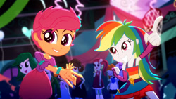 Size: 3410x1920 | Tagged: safe, imported from derpibooru, screencap, rainbow dash, scootaloo, scribble dee, eqg summertime shorts, equestria girls, raise this roof, armpits, belt, clothes, cute, cutie mark, cutie mark on clothes, dashabetes, fall formal outfits, female, fingerless gloves, gloves, high res, male, sleeveless, smiling