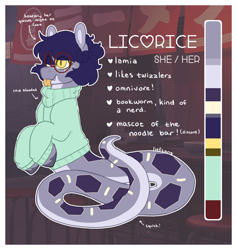 Size: 1800x1900 | Tagged: safe, artist:liefsong, imported from derpibooru, oc, oc only, oc:licorice, lamia, original species, snake, snake pony, :p, braid, clothes, glasses, reference sheet, solo, sweater, tongue out, unshorn fetlocks
