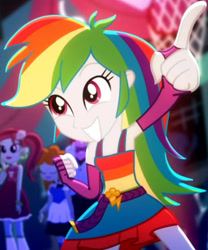 Size: 1920x2311 | Tagged: safe, imported from derpibooru, screencap, rainbow dash, eqg summertime shorts, equestria girls, raise this roof, armpits, belt, clothes, cropped, cute, cutie mark, cutie mark on clothes, dashabetes, fall formal outfits, female, fingerless gloves, gloves, high res, sleeveless, smiling, solo focus