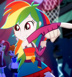 Size: 1920x2056 | Tagged: safe, imported from derpibooru, screencap, rainbow dash, eqg summertime shorts, equestria girls, raise this roof, armpits, belt, clothes, cropped, cute, dashabetes, fall formal outfits, female, fingerless gloves, gloves, sleeveless, smiling, solo focus