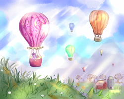 Size: 5000x4000 | Tagged: safe, artist:nedemai, imported from derpibooru, spike, twilight sparkle, dragon, pony, absurd resolution, air balloon, balloon, floating, grass, hot air balloon, scenery