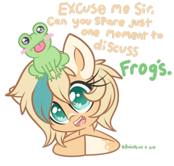 Size: 1347x1285 | Tagged: safe, artist:starlightlore, imported from derpibooru, oc, oc only, oc:sun light, frog, pony, dialogue, grammar error, looking at you, raspberry, smiling, solo, tongue out