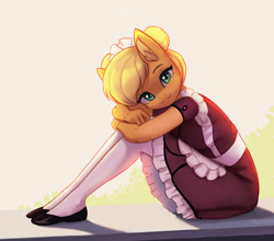 Size: 1500x1320 | Tagged: safe, artist:mrscroup, imported from derpibooru, applejack, anthro, earth pony, clothes, cute, flats, jackabetes, looking at you, maid, maidjack, shoes, sitting, smiling, socks, solo, thigh highs