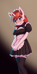 Size: 1000x1946 | Tagged: safe, artist:mrscroup, imported from derpibooru, oc, oc only, oc:flake, anthro, unicorn, anthro oc, blushing, clothes, female, horn, maid, solo, unicorn oc