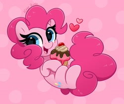 Size: 4096x3463 | Tagged: safe, artist:kittyrosie, imported from derpibooru, pinkie pie, pony, cupcake, cute, diapinkes, digital art, female, food, heart, high res, mare, open mouth, pink background, simple background, smiling, solo, starry eyes, wingding eyes