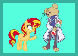 Size: 2600x1876 | Tagged: safe, artist:chelseawest, imported from derpibooru, sunset shimmer, bear, clothes, colored background, crossover, flask, lab coat, puyo puyo, question mark, risukuma