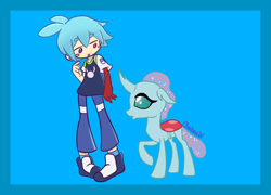 Size: 2600x1876 | Tagged: safe, artist:chelseawest, imported from derpibooru, ocellus, changedling, changeling, blush sticker, blushing, colored background, crossover, duo, female, heterochromia, high res, puyo puyo, sig