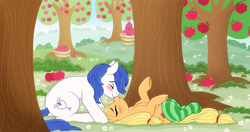 Size: 1485x785 | Tagged: safe, artist:prettypinkpony, imported from derpibooru, applejack, oc, oc:constance everheart, earth pony, pony, apple, apple orchard, apple tree, blushing, boop, bucket, canon x oc, clothes, commission, duo, everjack, eyes closed, female, food, lying down, male, noseboop, orchard, shipping, socks, straight, striped socks, tree