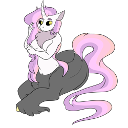 Size: 3000x3000 | Tagged: safe, artist:gingygin, imported from derpibooru, oc, oc only, unnamed oc, anthro, centaur, taur, bare shoulders, black sclera, breasts, eyebrows, eyelashes, featureless breasts, female, full body, high res, interspecies offspring, long tail, not sweetie belle, offspring, parent:lord tirek, parent:princess celestia, parents:celestirek, simple background, solo, tail, transparent background, white background, yellow eyes