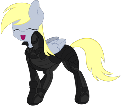 Size: 3916x3373 | Tagged: safe, artist:beigedraws, imported from derpibooru, derpy hooves, pegasus, pony, bodysuit, clothes, elite dangerous, eyes closed, high res, hoof on cheek, open mouth, open smile, remlok suit, smiling, solo
