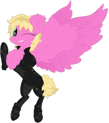 Size: 4052x4566 | Tagged: safe, artist:beigedraws, imported from derpibooru, oc, oc only, pegasus, pony, bodysuit, chest fluff, clothes, elite dangerous, grin, one eye closed, rearing, remlok suit, smiling, solo, spread wings, wings, wink