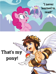 Size: 735x968 | Tagged: safe, artist:megalobronia, edit, edited screencap, imported from derpibooru, screencap, pinkie pie, twilight sparkle, alicorn, earth pony, pony, the maud couple, angel, crossover, crown, floating head, hallucination, i never learned to read, jewelry, kid icarus, kid icarus: uprising, meme, pit (kid icarus), regalia, text, that's my pony, that's my x, twilight sparkle (alicorn)