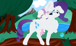 Size: 6273x3841 | Tagged: safe, artist:beigedraws, imported from derpibooru, rarity, sweetie belle, pony, unicorn, :3, absurd resolution, chest fluff, cloud, cute, diasweetes, eyes closed, female, filly, flower, mare, mountain, raised leg, river, siblings, sisters, smiling, tree