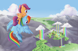 Size: 2048x1349 | Tagged: safe, artist:biocrine, imported from derpibooru, rainbow dash, scootaloo, pegasus, pony, rainbow falls, butt, cloud, cute, cutealoo, cutie mark, female, filly, mare, mountain, plot, ponies riding ponies, rainbow falls (location), rainbow waterfall, rainbutt dash, riding, scenery, scootabutt, scootaloo riding rainbow dash, scootalove, sibling love, sisterly love, spread wings, the cmc's cutie marks, unshorn fetlocks, wings