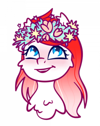 Size: 700x875 | Tagged: safe, artist:sb66, imported from derpibooru, oc, oc only, oc:making amends, pegasus, pony, bust, commission, female, floral head wreath, flower, looking up, mare, open mouth, open smile, pegasus oc, smiling, solo, ych result