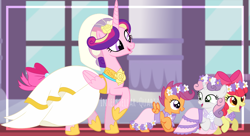 Size: 3840x2086 | Tagged: safe, artist:interstellar-quartz, imported from derpibooru, apple bloom, princess cadance, scootaloo, sweetie belle, alicorn, pegasus, pony, bride, bridesmaid dress, clothes, cutie mark crusaders, dress, female, filly, flower filly, flower girl, flower girl dress, high res, marriage, wedding, wedding dress