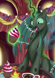 Size: 2480x3508 | Tagged: safe, artist:neoshrek, imported from derpibooru, queen chrysalis, changeling, changeling queen, frenemies (episode), crown, cupcake, female, food, high res, jewelry, long tongue, regalia, solo, table, tongue out