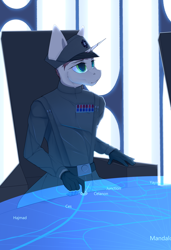 Size: 2600x3800 | Tagged: source needed, safe, artist:chapaevv, imported from derpibooru, oc, oc only, oc:grey shore, anthro, unicorn, clothes, crossover, galactic empire, high res, imperial, sitting, solo, star wars, uniform