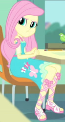 Size: 1920x3608 | Tagged: safe, imported from derpibooru, screencap, fluttershy, bird, a little birdie told me, equestria girls, equestria girls series, chair, clothes, cropped, cutie mark, cutie mark on clothes, feet, female, geode of fauna, jewelry, magical geodes, necklace, sandals, sitting, solo, table