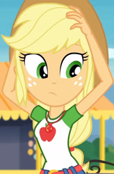 Size: 1920x2931 | Tagged: safe, imported from derpibooru, screencap, applejack, equestria girls, equestria girls series, rollercoaster of friendship, applejack's hat, belt, clothes, cowboy hat, cropped, cute, cutie mark, cutie mark on clothes, denim skirt, female, freckles, geode of super strength, hands on head, hat, jackabetes, jewelry, magical geodes, necklace, skirt, solo