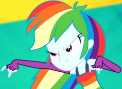 Size: 2658x1920 | Tagged: safe, imported from derpibooru, screencap, rainbow dash, eqg summertime shorts, equestria girls, raise this roof, clothes, cropped, devil horn (gesture), fall formal outfits, female, fingerless gloves, gloves, sleeveless, solo