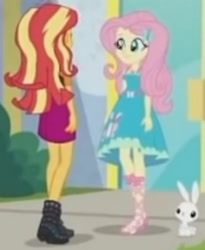 Size: 1920x2343 | Tagged: safe, imported from derpibooru, screencap, angel bunny, fluttershy, sunset shimmer, rabbit, equestria girls, equestria girls series, so much more to me, animal, blurry, clothes, cropped, cutie mark, cutie mark on clothes, dress, female, geode of fauna, hairpin, jacket, jewelry, leather, leather jacket, magical geodes, male, necklace, sandals, skirt