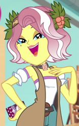 Size: 675x1080 | Tagged: safe, imported from derpibooru, screencap, vignette valencia, equestria girls, equestria girls series, rollercoaster of friendship, cellphone, clothes, cropped, eyeshadow, female, flower, flower in hair, holly, lips, lipstick, makeup, phone, pose, smiling, solo, solo focus, talking