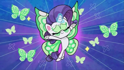 Size: 1147x645 | Tagged: safe, imported from derpibooru, screencap, rarity, butterfly, pony, unicorn, communication shakedown, my little pony: pony life, spoiler:pony life s02e18, butterfies, butterfly wings, eyes closed, female, g4.5, pony life, solo, wings