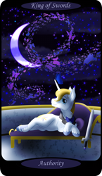 Size: 1500x2591 | Tagged: safe, artist:sixes&sevens, imported from derpibooru, part of a set, prince blueblood, butterfly, pony, unicorn, crescent moon, crossed hooves, fainting couch, king of swords, male, minor arcana, moon, night, outdoors, reclining, solo, sword, tarot card, weapon