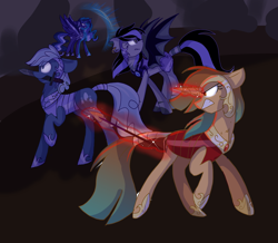 Size: 2400x2095 | Tagged: safe, artist:gallantserver, imported from derpibooru, oc, oc only, oc:astrea, oc:starry knight, oc:winter flake, alicorn, bat pony, earth pony, pony, unicorn, female, high res, magic, magical gay spawn, mare, mouth hold, offspring, parent:double diamond, parent:party favor, parent:royal guard, parent:zecora, parents:guardcora, parents:partydiamond, sword, weapon