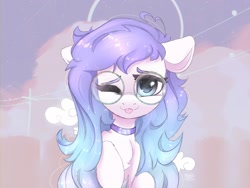 Size: 2000x1500 | Tagged: safe, artist:radioaxi, artist:reterica, imported from derpibooru, oc, oc only, pony, :p, abstract background, bust, chest fluff, choker, cute, female, floppy ears, glasses, looking at you, one eye closed, portrait, raised hoof, round glasses, solo, tongue out, wink, winking at you