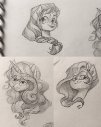 Size: 1638x2048 | Tagged: safe, artist:miss_glowwormis, imported from derpibooru, izzy moonbow, pipp petals, sunny starscout, earth pony, pegasus, pony, unicorn, bust, g5, izzy moonglow, looking at you, portrait, sketch, smiling, traditional art