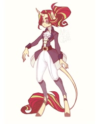 Size: 1080x1350 | Tagged: safe, artist:miss_glowwormis, imported from derpibooru, oc, oc only, oc:redrick rose, anthro, unguligrade anthro, unicorn, clothes, curved horn, horn, jacket, leonine tail, lidded eyes, looking at you, not sunset shimmer, pants, solo, unamused