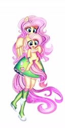 Size: 2089x4096 | Tagged: safe, artist:opal_radiance, imported from derpibooru, fluttershy, pegasus, pony, equestria girls, blushing, boots, clothes, cute, daaaaaaaaaaaw, duo, female, hug, mare, open mouth, ponied up, self paradox, self ponidox, shirt, shoes, shyabetes, simple background, skirt, socks, white background, wingless
