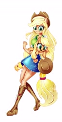Size: 2089x4096 | Tagged: safe, artist:opal_radiance, imported from derpibooru, applejack, earth pony, pony, equestria girls, applejack's hat, boots, clothes, cowboy boots, cowboy hat, cute, duo, female, freckles, hat, holding a pony, hoof hold, hug, jackabetes, mare, open mouth, ponied up, self paradox, self ponidox, shirt, shoes, simple background, skirt, white background