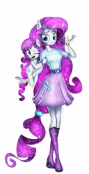 Size: 2089x4096 | Tagged: safe, artist:opal_radiance, imported from derpibooru, rarity, pony, unicorn, equestria girls, belt, boots, bracelet, breasts, clothes, duo, female, hug, jewelry, mare, one eye closed, open mouth, ponied up, self paradox, self ponidox, shirt, shoes, simple background, skirt, white background, wink