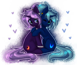 Size: 1024x859 | Tagged: safe, artist:avrameow, imported from derpibooru, oc, oc only, oc:novus flux, oc:tenebris flux, pony, unicorn, annoyed, blushing, cute, ear piercing, earring, female, freckles, hug, jewelry, leg rings, one eye closed, piercing, ponytail, siblings, simple background, sisters, wink
