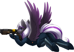 Size: 2212x1568 | Tagged: safe, alternate version, artist:scarlet-spectrum, imported from derpibooru, oc, oc:lyum, pegasus, pony, fallout equestria, battle suit, enclave, fallout, laser rifle, looking at you, lying down, prone, spread wings, wings