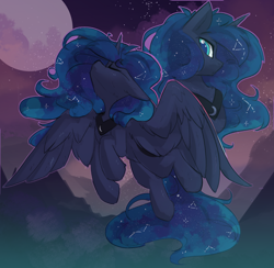 Size: 2308x2248 | Tagged: safe, artist:beardie, imported from derpibooru, princess luna, alicorn, pony, constellation, cute, ethereal mane, eyes closed, female, flying, high res, looking at you, lunabetes, mare, moon, mountain, peytral, solo, spread wings, starry night, stars, wings